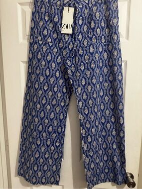 Zara Royal Blue and White Leaf-Print Wide Leg Pants summery Breezy lightweight